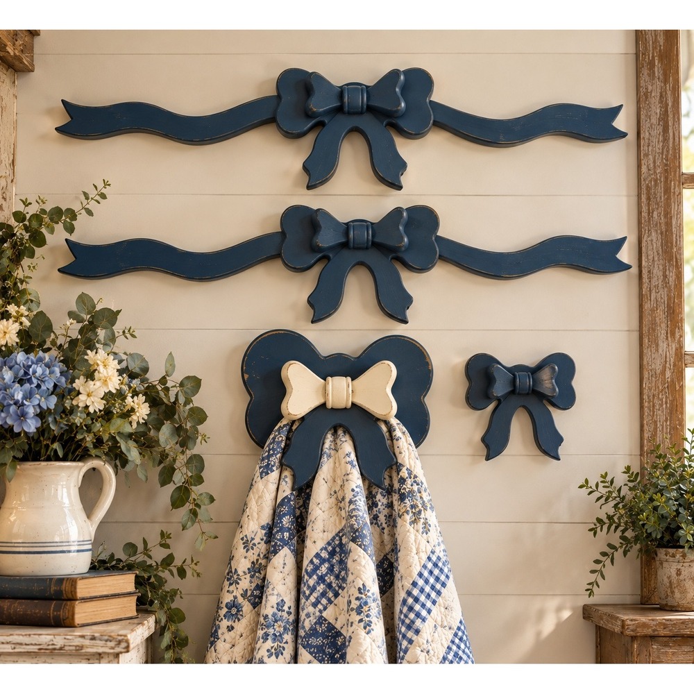 VTG Wooden Bow Decor & Quilt Holder Wall Decor Lot 4 Piece Blue Grannycore